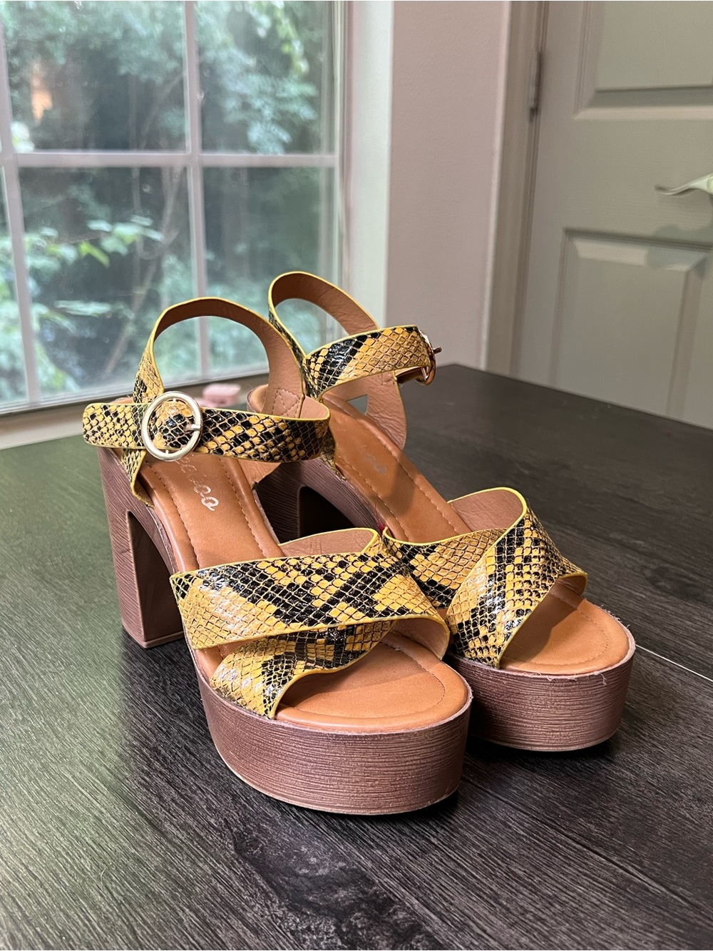 Yellow Snake-Print Platform Block Heels